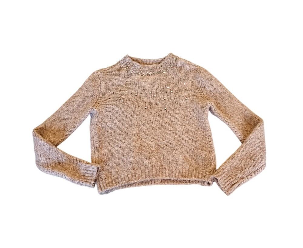ZARA Taupe Rhinestone Fuzzy Knit Sweater Size Medium Embellished Crewneck